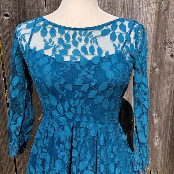 Free People Sheer Blue Lace Floral Dress - Size 0 - Picture 2 of 15